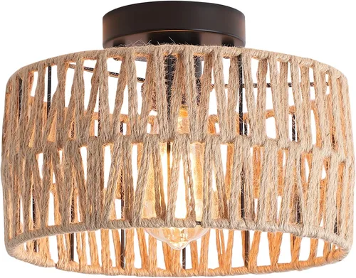 Vista 8 de Accesorio de Lámpara de Techo Empotrada Tejida en Oro Antiguo Costero, Luz de Techo Semi Empotrada Rústica Boho de Cuerda de Cáñamo Latón