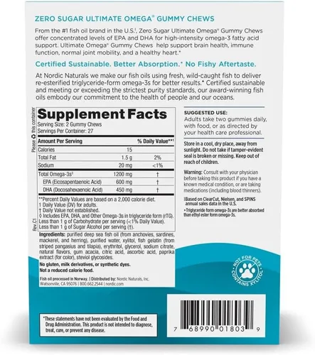 Vista 2 de Nordic Naturals Zero Sugar Ultimate Omega Gummy Chews - Frutas tropicales - 54 gomitas masticables - Sin OGM - Bienestar óptimo - 27 porciones