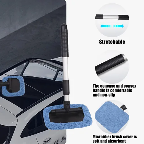 Vista 4 de Limpiavidrios, Herramienta de Limpieza de Parabrisas, Limpiador de Ventanas de Microfibra con Mango Extensible, Kit de Limpiavidrios para Auto azul