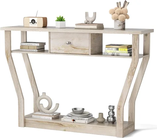 Vista 7 de BestComfort Mesa consola estrecha de 47 pulgadas con cajón, acento de entrada de madera de 3 niveles con estantes abiertos, mesa de sofá multiusos