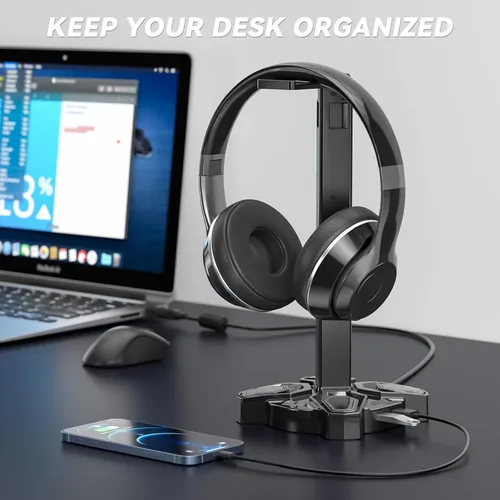 Vista 8 de KDD Soporte para auriculares RGB para juegos, soporte giratorio para auriculares con 9 modos de luz, soporte para controlador con 2 puertos de carga