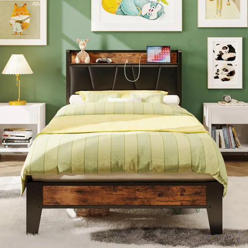 Vista 24 de LIKIMIO Base de cama individual, cabecero de almacenamiento con estación de carga, sólido y estable, sin ruido, no necesita somier, fácil montaje