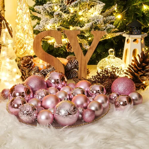Vista 5 de Esferas de bola de Navidad para decoraciones navideñas - 41 piezas Adornos de árbol de Navidad rosado inastillables con asa de suspensión