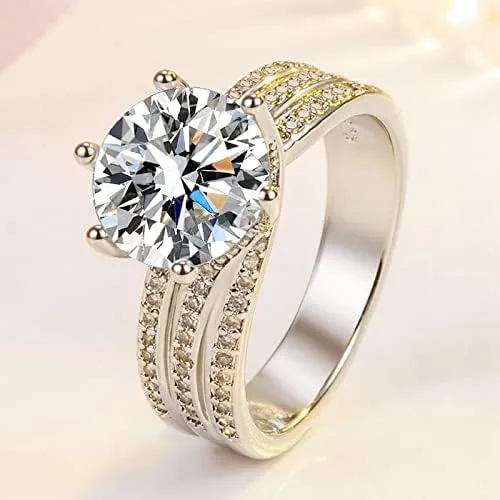 Vista 3 de hsiyyecg Anillos de compromiso chapados en plata de ley 925 con circonita cúbica de corte redondo, anillo de corona, anillo solitario de promesa