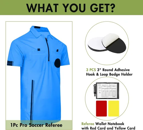 Vista 2 de Camiseta Jersey de Árbitro de Fútbol Profesional de Manga Corta Disfraz de Árbitro Uniforme con Portainsignia, Cartera de Árbitro, Tarjetas Rojas