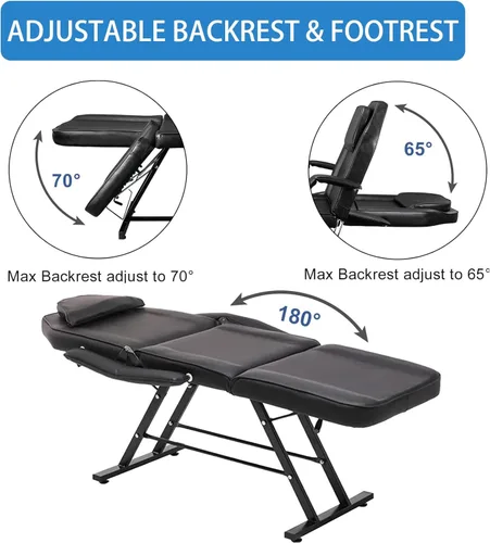 Vista 3 de Silla de masaje ajustable para salón de tatuajes con taburete hidráulico, mesa de cama facial multiusos de 3 secciones, equipo de belleza para Negro