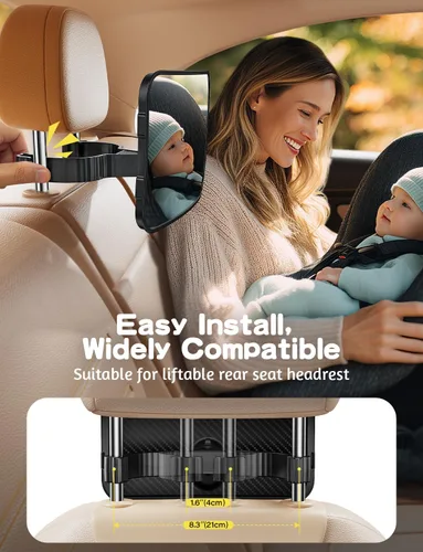 Vista 8 de TAZENI Espejo de coche para bebé, diseño de gancho ultra estable, para asiento trasero de bebé, seguro e inastillable, visión clara de 360°