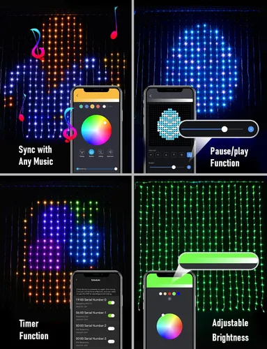 Vista 4 de Aoycocr Luces de cortina animadas, 400 luces LED inteligentes Bluetooth de Navidad, tira de luces de cortina dinámicas estáticas RGB que cambian