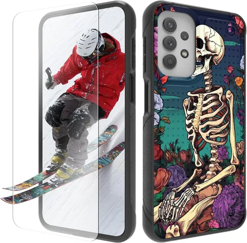 Vista 25 de Funda para Samsung Galaxy A13/A04/A04S/A23/A32 5G con protector de pantalla, parte trasera con textura de policarbonato duro, hermosa flor, diseño