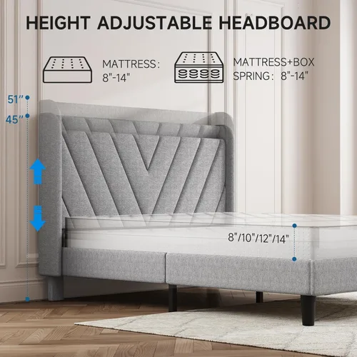 Vista 50 de koorlian Base de cama Queen con cabecero, base de cama tapizada ajustable con puertos tipo C y USB, cabecera de almacenamiento con respaldo de ala