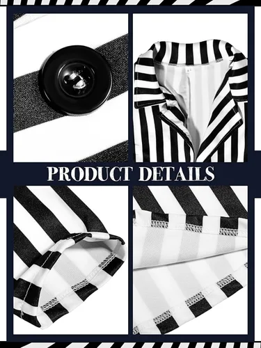 Vista 3 de El traje de rayas blancas y negras para mujer incluye blazer a rayas con parte delantera abierta, pantalones largos con corbata para Halloween