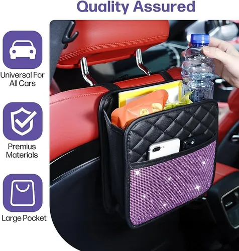 Vista 5 de Bling Diamond Car Seat Back Organizer, PU Leather Vehicle Backseat Hanging Storage Pocket, Multipurpose Auto Essentials Accessories Universal for