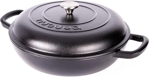 Cacerola poco profunda de hierro fundido con tapa – Olla de horno holandés antiadherente, apta para horno hasta 500° F – Cacerola resistente a Negro