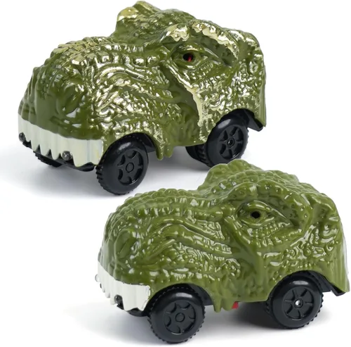 BEMITON Paquete de 2 autos de dinosaurio de juguete – Regalos de cumpleaños para niños de 3, 4, 5, 6, 7 años, auto de pista de repuesto con luz LED