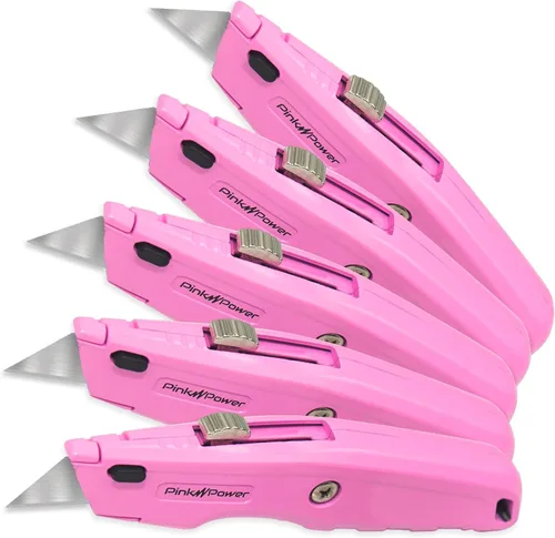 Vista 9 de Pink Power Cortador de cajas retráctil, cuchillo de utilidad rosa para alfombra, lindo cuchillo cortador de caja resistente con 3 cuchillas