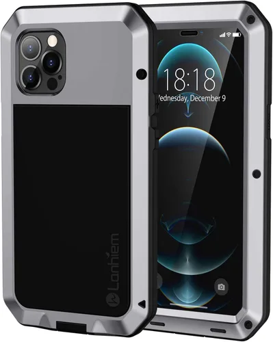Vista 9 de Lanhiem Funda de metal para iPhone 12 Pro Max, resistente a los golpes, con protector de pantalla de vidrio integrado, cubierta protectora de cuerpo