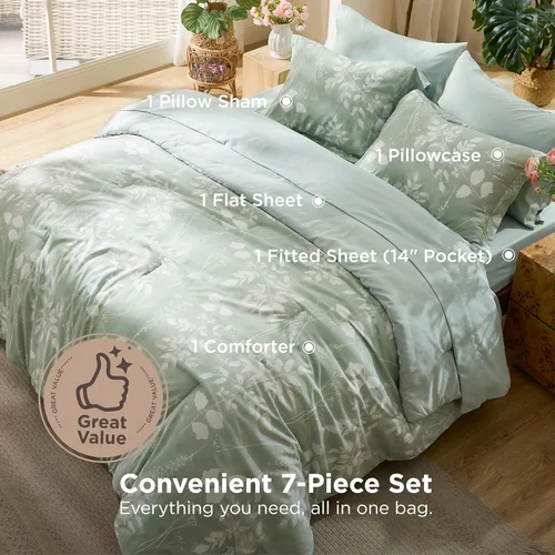 Vista 3 de Bedsure Juego de ropa de cama con edredón tamaño individual de 5 piezas, diseño floral, color verde salvia suave, con edredón, sábanas, funda