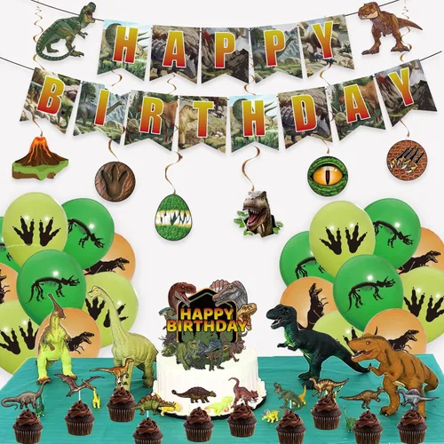 Vista 2 de Decoraciones de cumpleaños de dinosaurios para niños, suministros de fiesta de dinosaurios con pancarta de cumpleaños T-Rex, remolinos colgantes
