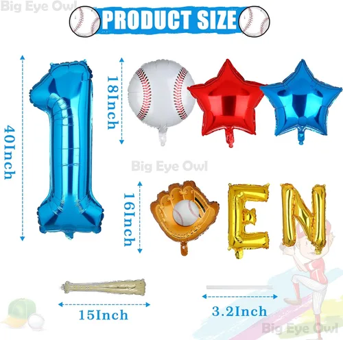 Vista 3 de Novato del año 1er cumpleaños decoraciones de béisbol de papel de aluminio número 1 globos azules juego uno dorado primer cumpleaños suministros