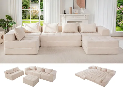 MAXYOYO Sofá modular seccional, sofá plegable en forma de U con almohadas, sofá tumbona copetudo de 6 asientos sin huesos para sala de estar, no