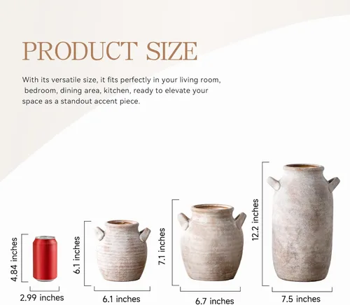 Vista 3 de Florero Grande para Decoración del Hogar - Jarrones de Mesa Rústicos de Cerámica Estilo Granja de 12 Pulgadas de Alto con Asa, Decoración de Sala