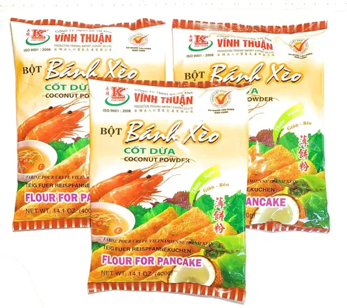 Vinh Thuan Bot de mezcla de harina preparada para panqueques vietnamitas Banh Xeo Cot Dua coco en polvo con cúrcuma 14.1 onzas (paquete de 3, 42.3