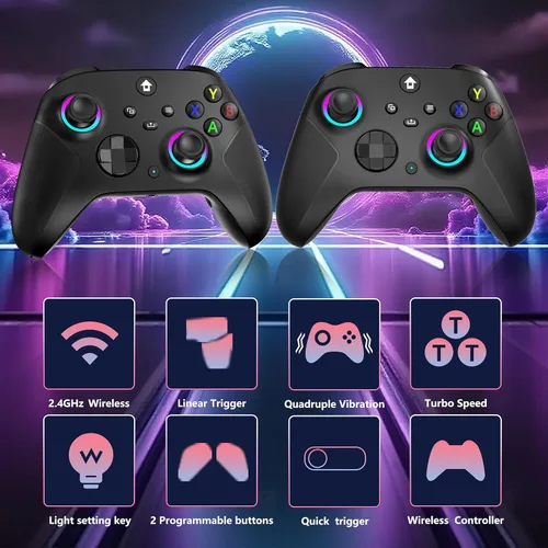 Vista 2 de YUYIU 2.4GHz Controller with 7 Colors RGB Light for Xbox Controller, Xbox One Series X S,Consoles,Steam PC Windows, with 1000mAh Battery/Dual