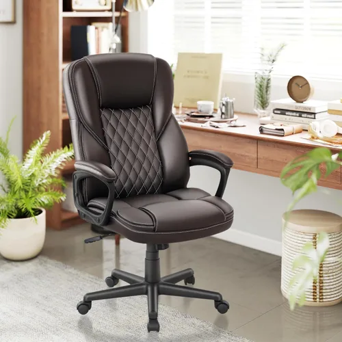 Vista 9 de HOMCOM Silla de oficina con respaldo alto, silla de escritorio ejecutiva de piel sintética, altura ajustable, cómodo soporte lumbar, ruedas