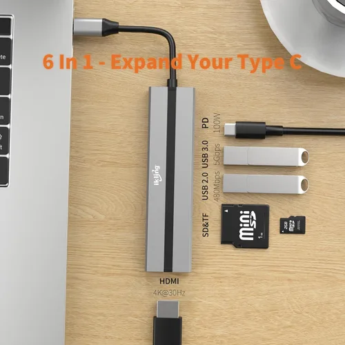 Vista 5 de ikling Hub USB C, 6 en 1 con HDMI 4K, 60 W PD, 2 puertos de datos USB-A y lector de tarjetas SD/TF, adaptador multipuerto USB C Hub para MacBook