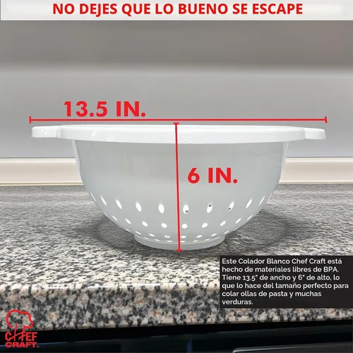 Vista 4 de Colador hondo de 11 x 5 pulgadas para 5 cuartos Chef Craft, color blanco, Paquete de 1, Blanco