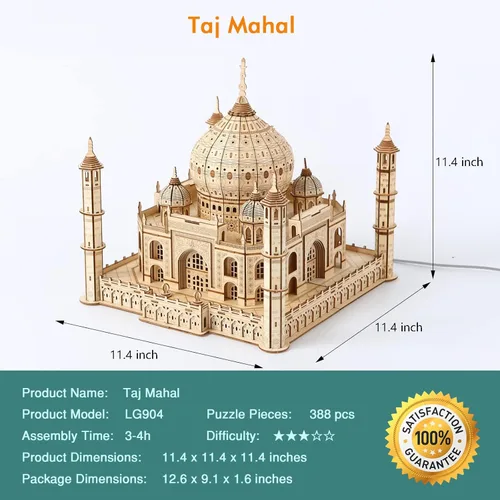 Vista 4 de Rompecabezas de madera 3D, arquitectura, construcción, modelo Taj Mahal, kit de manualidades STEM, luz LED, decoración del hogar, día de la madre