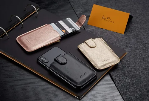 Vista 9 de Funda con bloqueo RFID para tarjetero de teléfono, cartera trasera de cuero PU para teléfono adhesiva con tira para 5 tarjetas, cubre bolsillos