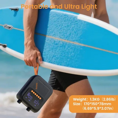 Vista 6 de Bomba eléctrica inteligente portátil de 20 PSI, inflado y desinflado inteligente de doble etapa, apagado automático y recargable para tablas de remo