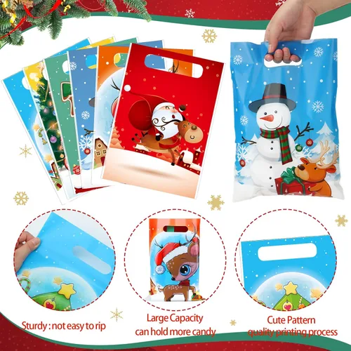 Vista 5 de Sinmoe 200 bolsas de plástico de Navidad a granel, bolsa de regalo de mercancía de Navidad con asa de 9 x 12 pulgadas, reutilizable, bolsa