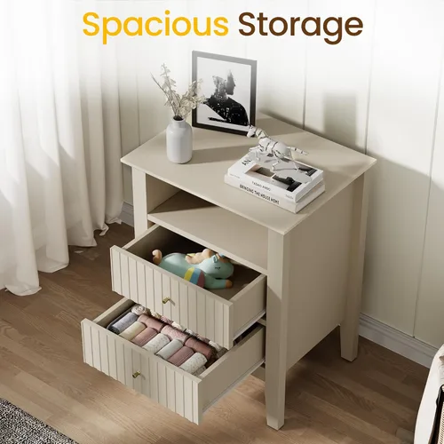 Vista 3 de RoyalCraft - Mesa auxiliar beige acanalada con 2 cajones, mesa auxiliar colorida para dormitorio, mesa auxiliar moderna de madera con almacenamiento