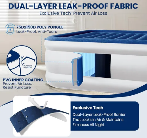 Vista 4 de KINGJERRY Colchón de aire Queen con bomba incorporada, colchón hinchable Queen 18 elevado de comodidad, colchón inflable de superficie mejorada