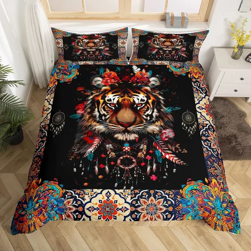 Vista 23 de Funda de edredón de lobo, juego de ropa de cama con estampado de mandala para niños, funda de edredón bohemia con atrapasueños para decoración