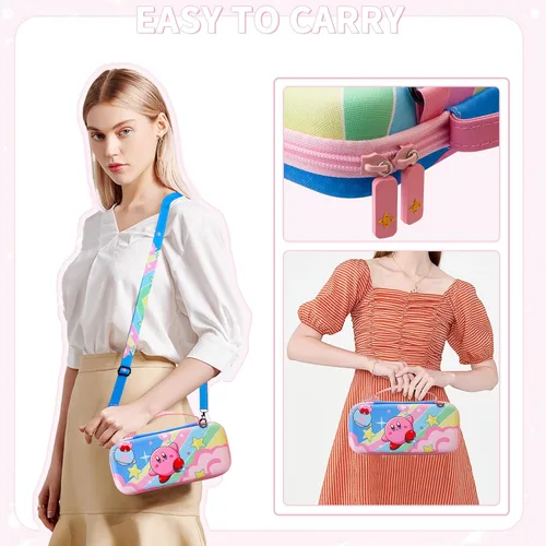 Vista 7 de Cute Carrying Case for Nintendo Switch OLED, Pink Travel Carry Bag for Star, Accessories with Protective Hard Shell, HD Screen Protector, Adjustable