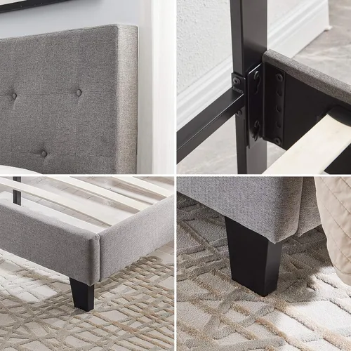 Vista 6 de Base de cama tamaño King, plataforma tapizada con cabecero de botón, soporte de listones de madera fuerte, no necesita somier, sin ruido, fácil