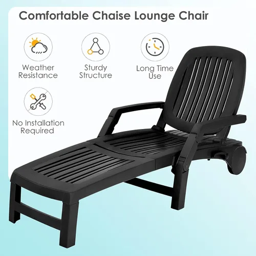 Vista 5 de Tangkula Tumbona para exteriores, reclinable ajustable de 5 posiciones con caja de almacenamiento y ruedas flexibles, silla de patio plegable