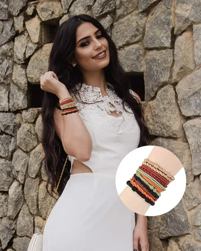 Vista 4 de Pulsera bohemia para el cabello para mujer, 20 piezas, 4 estilos, hermosa pulsera de doble uso y banda para el cabello, suave y elegante, accesorios