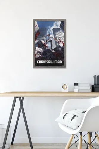 Vista 6 de Chainsaw Man - Póster de pared de arte clave, 22.4 pulgadas de largo x 14.7 pulgadas de ancho, versión enmarcada de madera de granero Versión