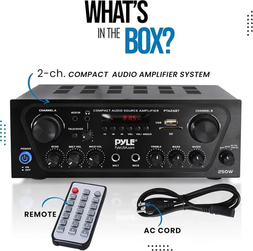 Vista 8 de Pyle - Amplificador de potencia de sonido doméstico para karaoke mejorado con entrada auxiliar, bluetooth, USB, 2 entrada de micrófono con eco