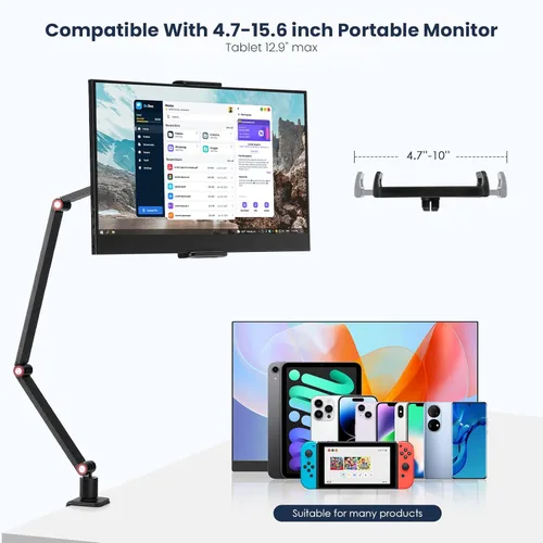 Vista 4 de Soporte para Tableta para iPad, Soporte de Monitor Portátil 15.6'' Máximo, Soporte de Escritorio con Base Giratoria de 360°, Compatible con Teléfono