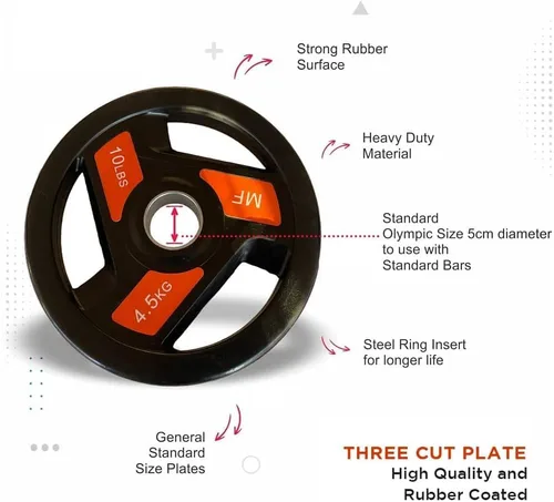 Vista 4 de Tri-Grip Olympic Weight Plates Pairs, Rubber Coated Cast Iron Plates for Home Gym & Fitness Workouts, 2-Inch Center Hole, Secure Grip, Durable &