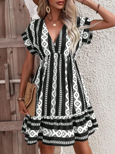 Vista 5 de WDIRARA Mini vestido corto de manga Dolman con cuello en V profundo y estampado geométrico bohemio para mujer