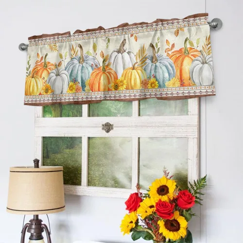 Cortinas de cenefa de otoño para sala de estar, cenefas de calabaza para ventanas de cocina, cenefa de ventana con bolsillo para barra de Acción de