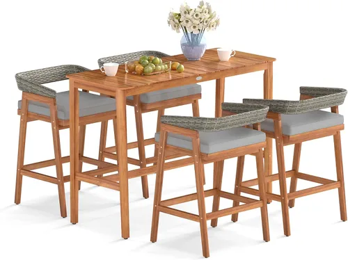 Vista 10 de Tangkula Juego de barra de patio de 3 piezas, mesa de madera de acacia para exteriores con 2 taburetes acolchados con respaldo de ratán curvado