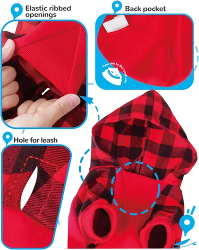 Vista 6 de Sudadera con capucha para perro pequeño, 100 % algodón, ropa de perro a cuadros de búfalo para perro, hembra, niño, bulldog francés, ropa