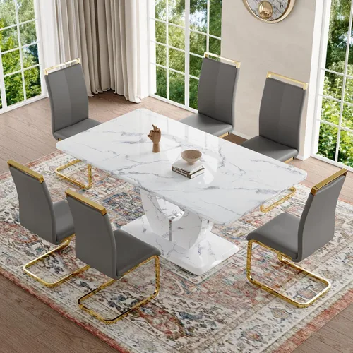 Vista 121 de JUFU Juego de mesa de comedor moderno para 4, juego de mesa de cocina rectangular de 63 pulgadas con mesa de mármol sintético y 4 sillas tapizadas